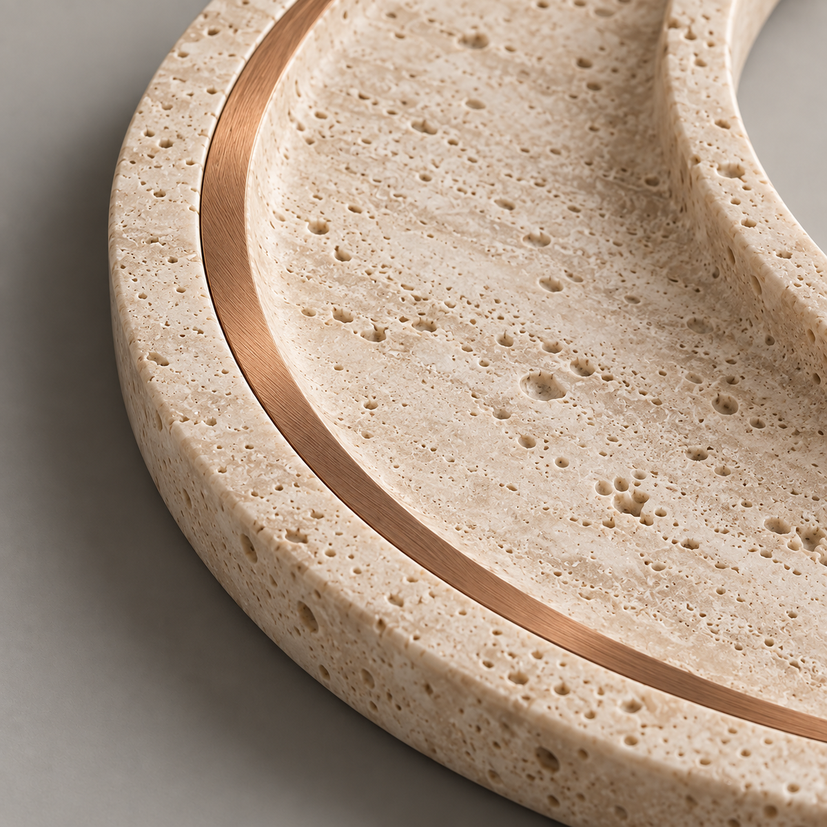 Auren Crescent Tray travertine and metal inlay detail