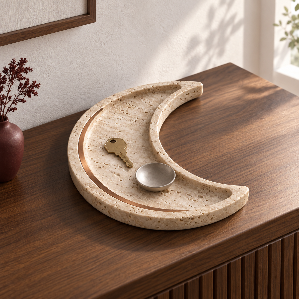 Auren Crescent Tray on a walnut entry console