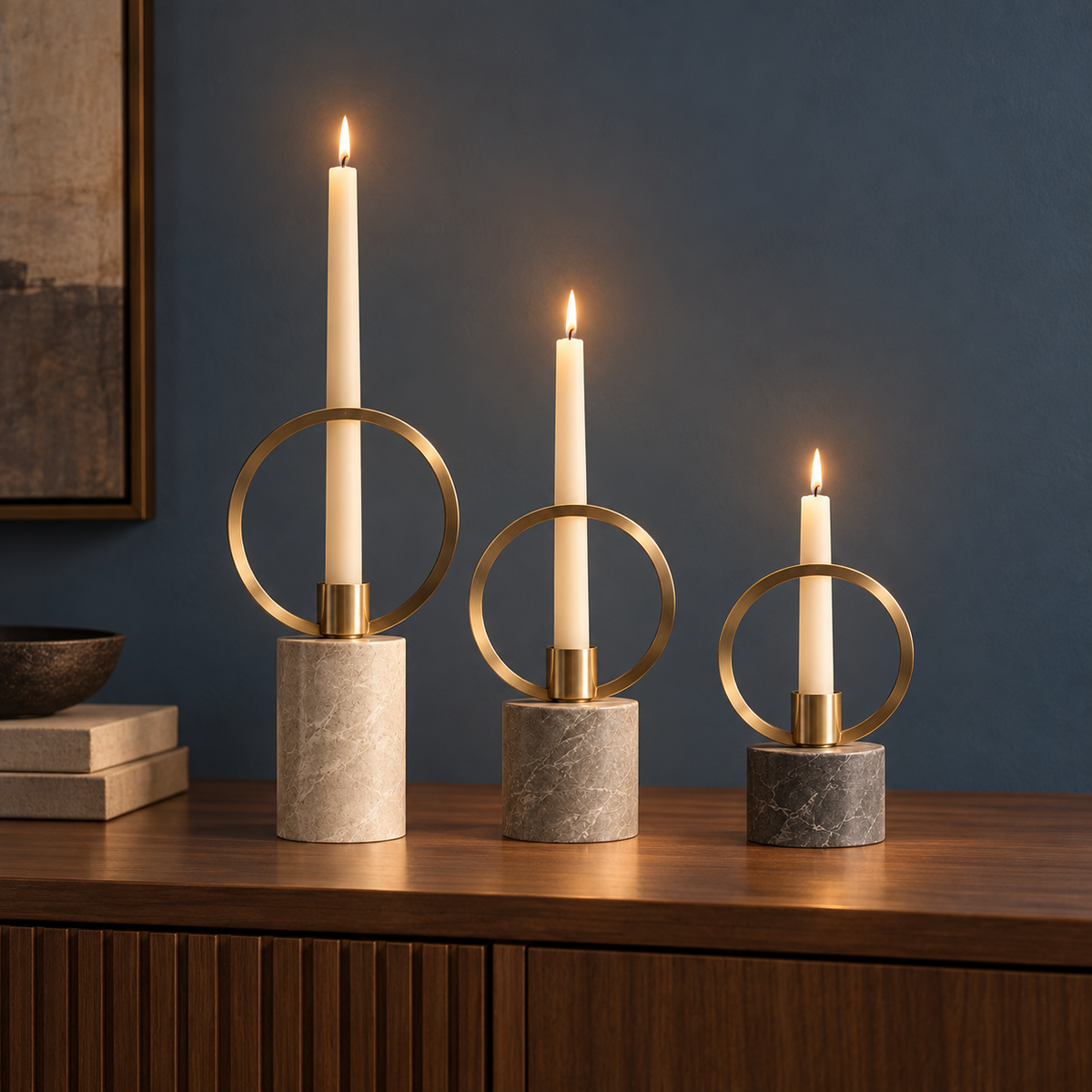 Aveline Halo Candleholder set on a clear sideboard surface