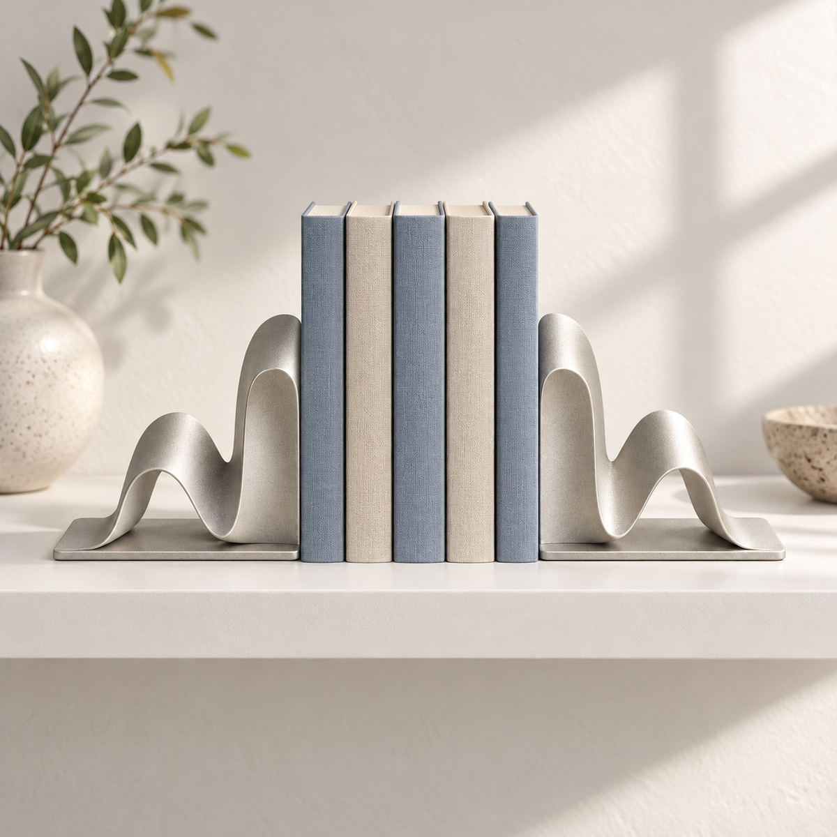 Ellaire Ribbon Bookends holding neutral books on a shelf