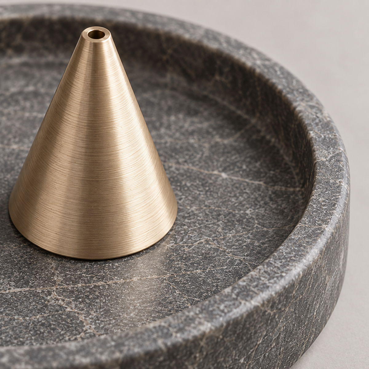 Mirove Cone Incense Holder metal grain and stone dish detail