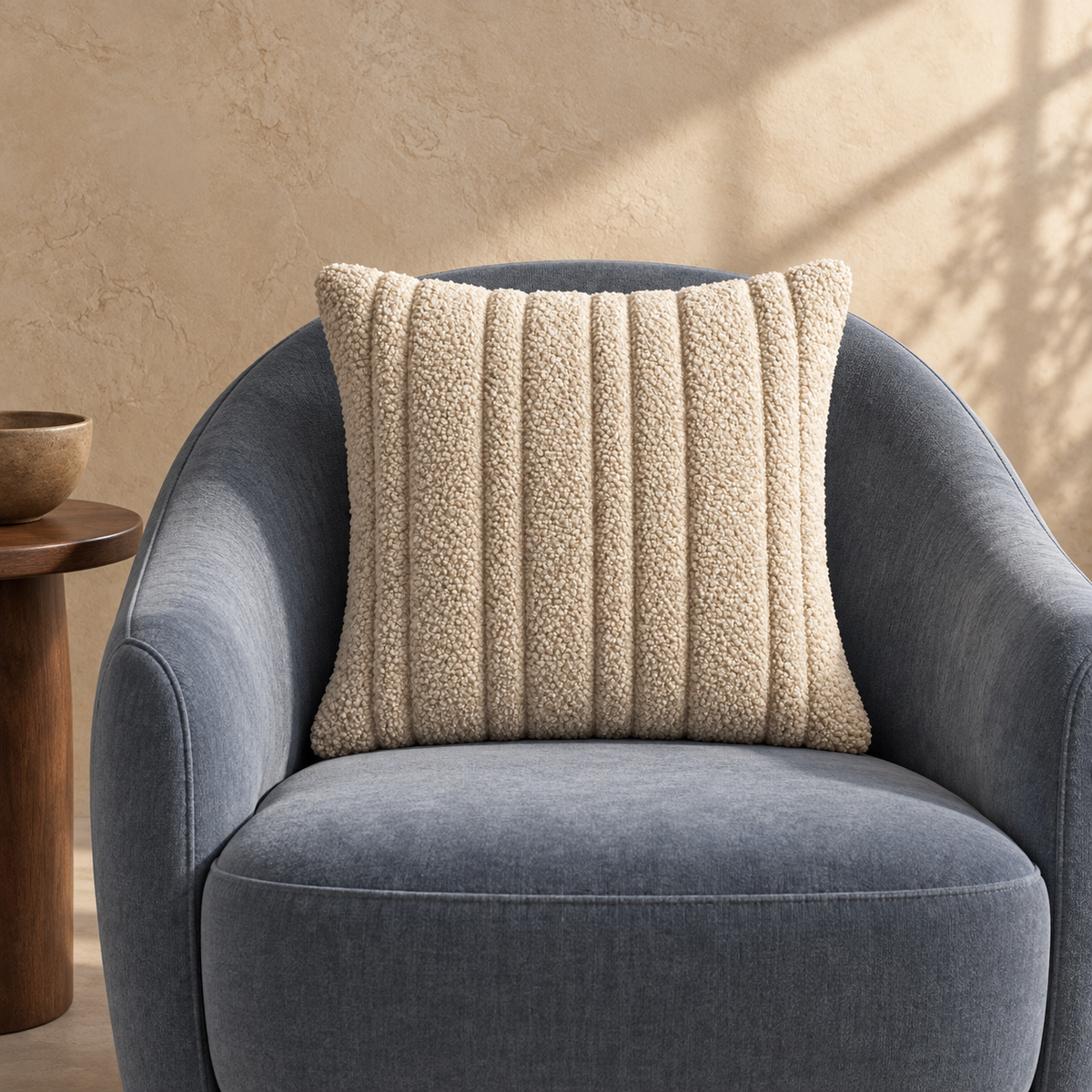 Orienne Ridge Cushion on a mineral-blue lounge chair