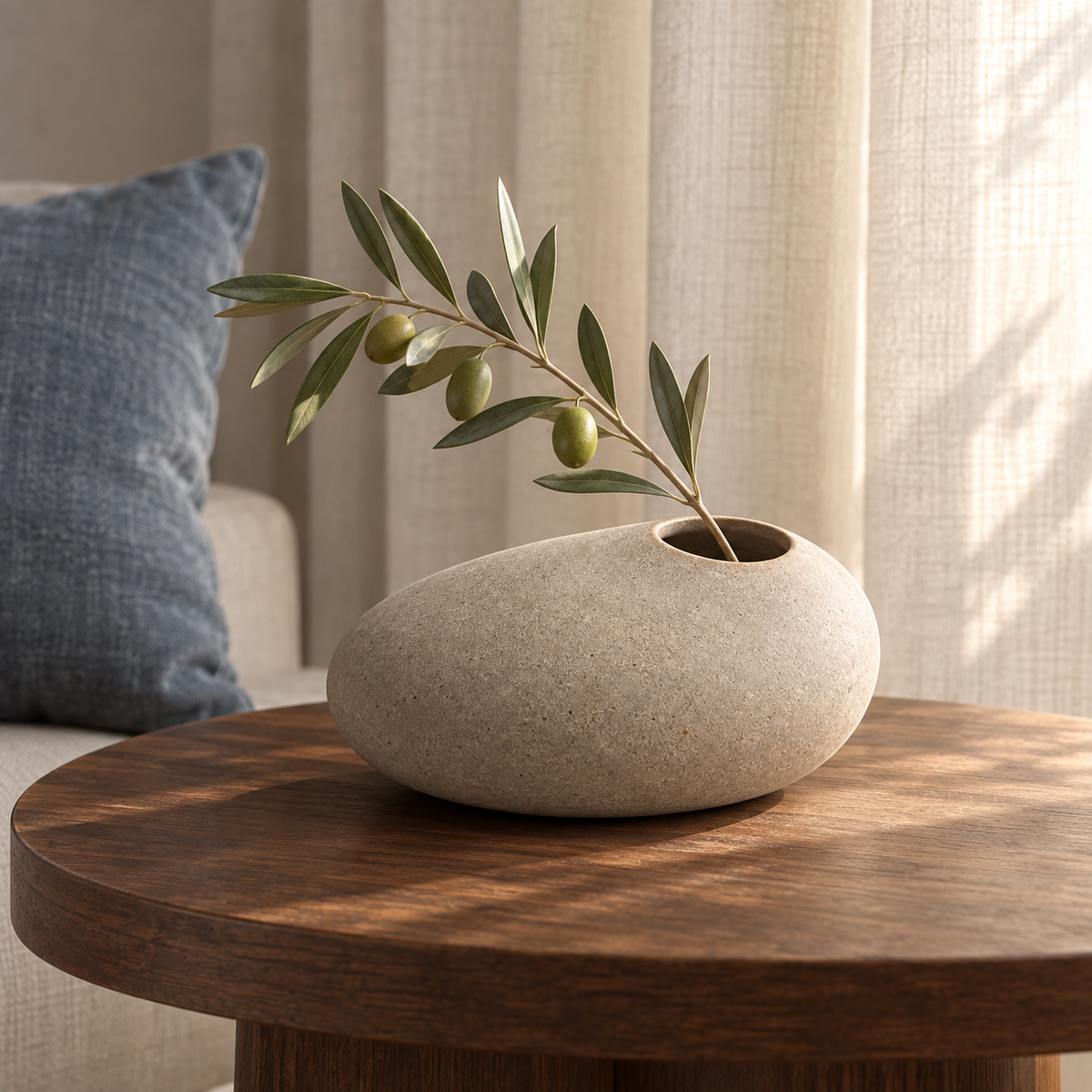 Ovelle Pebble Vase on a low oak side table