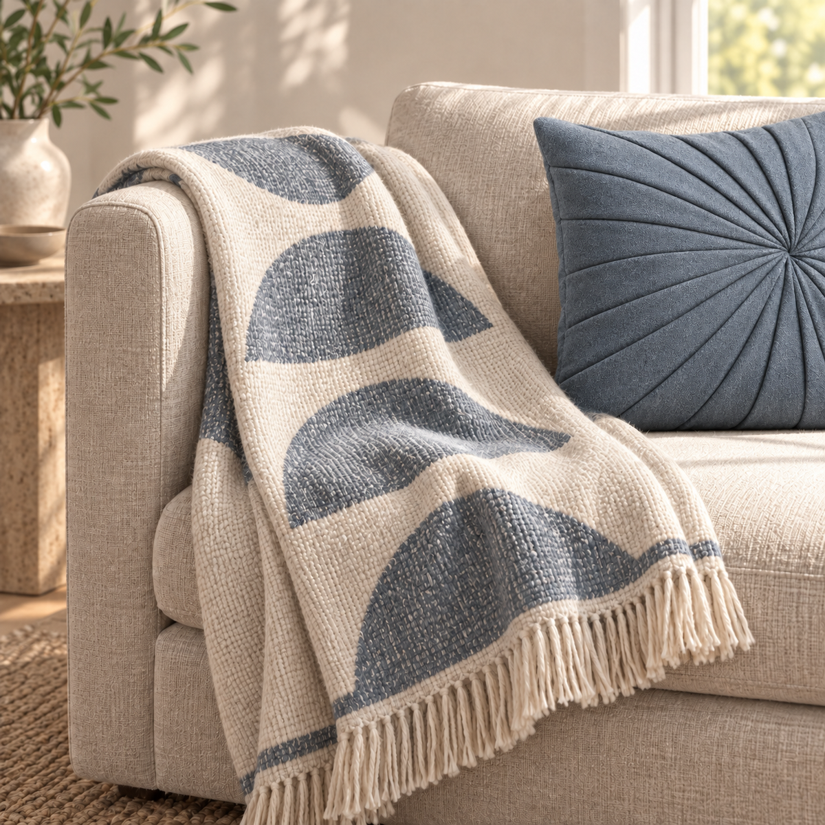 Selune Moon Throw draped over an oat sofa arm