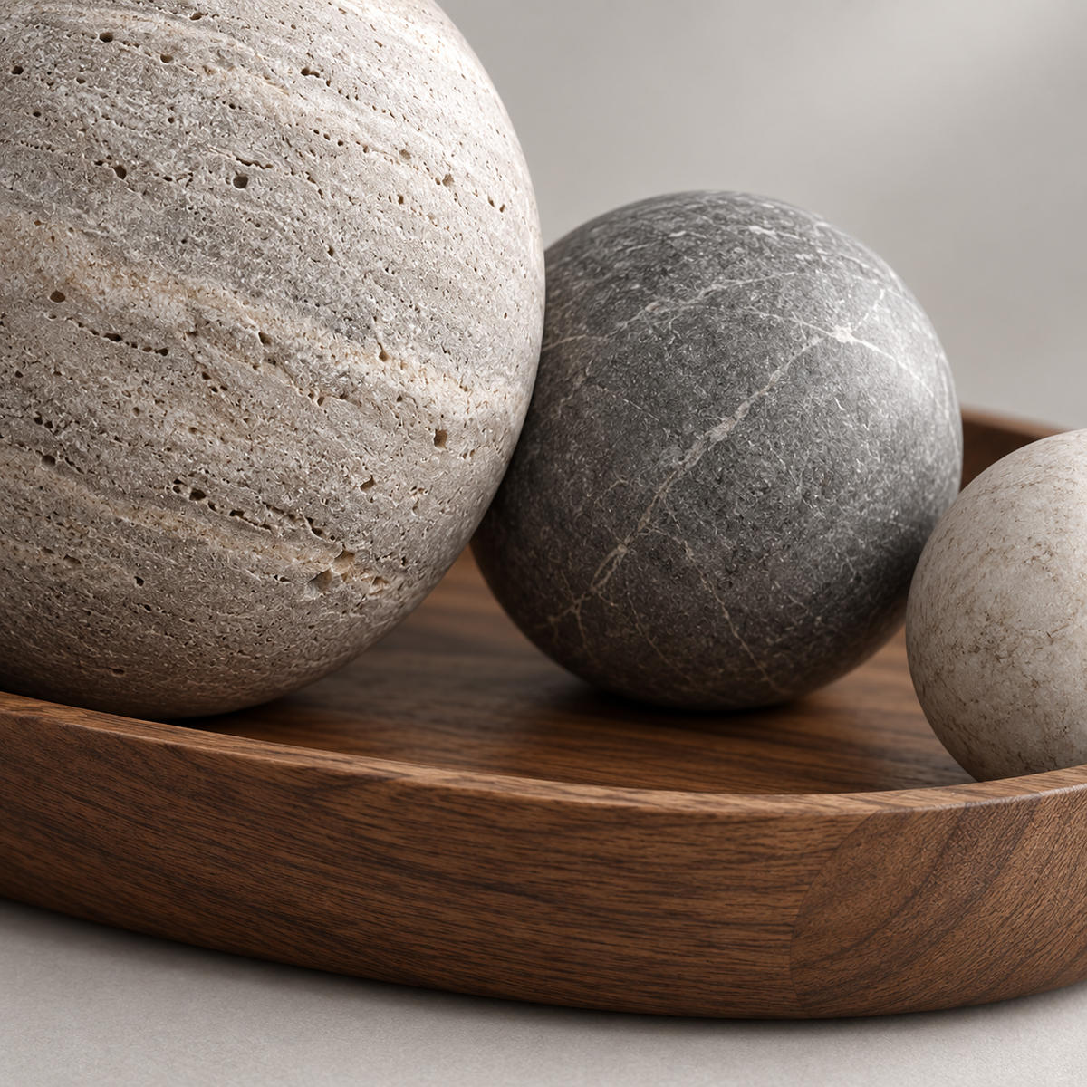 Sorevia Orb Object Set stone texture and walnut tray detail
