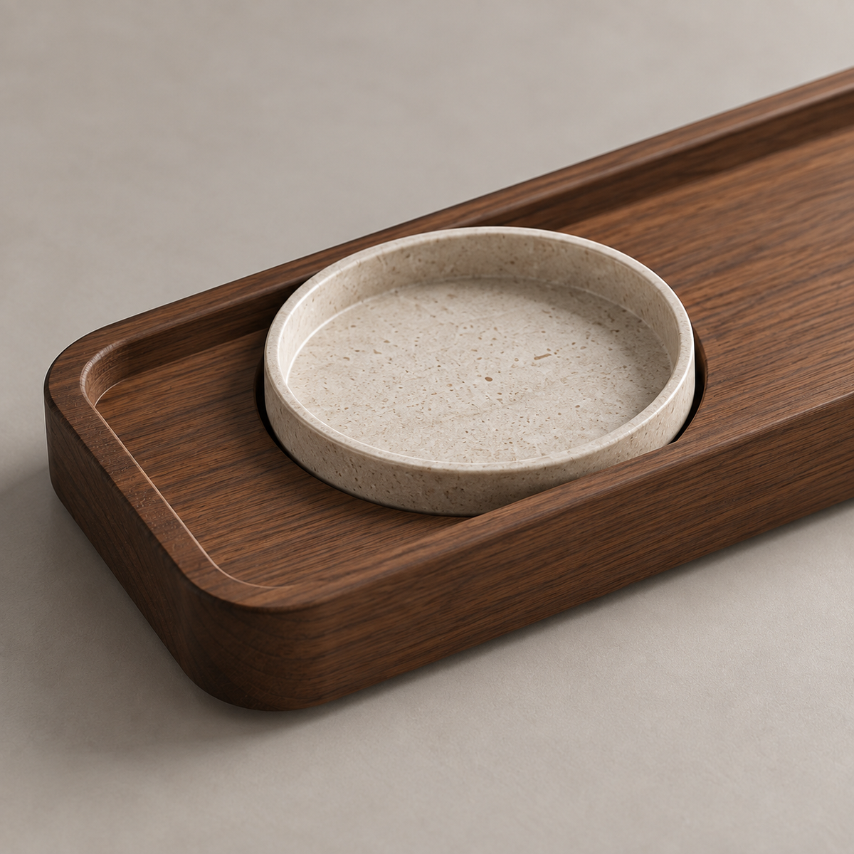 Tairen Balance Tray walnut recess and stone dish detail