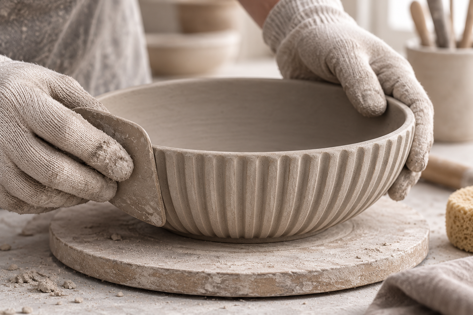 A craftsperson refining a fluted ceramic form